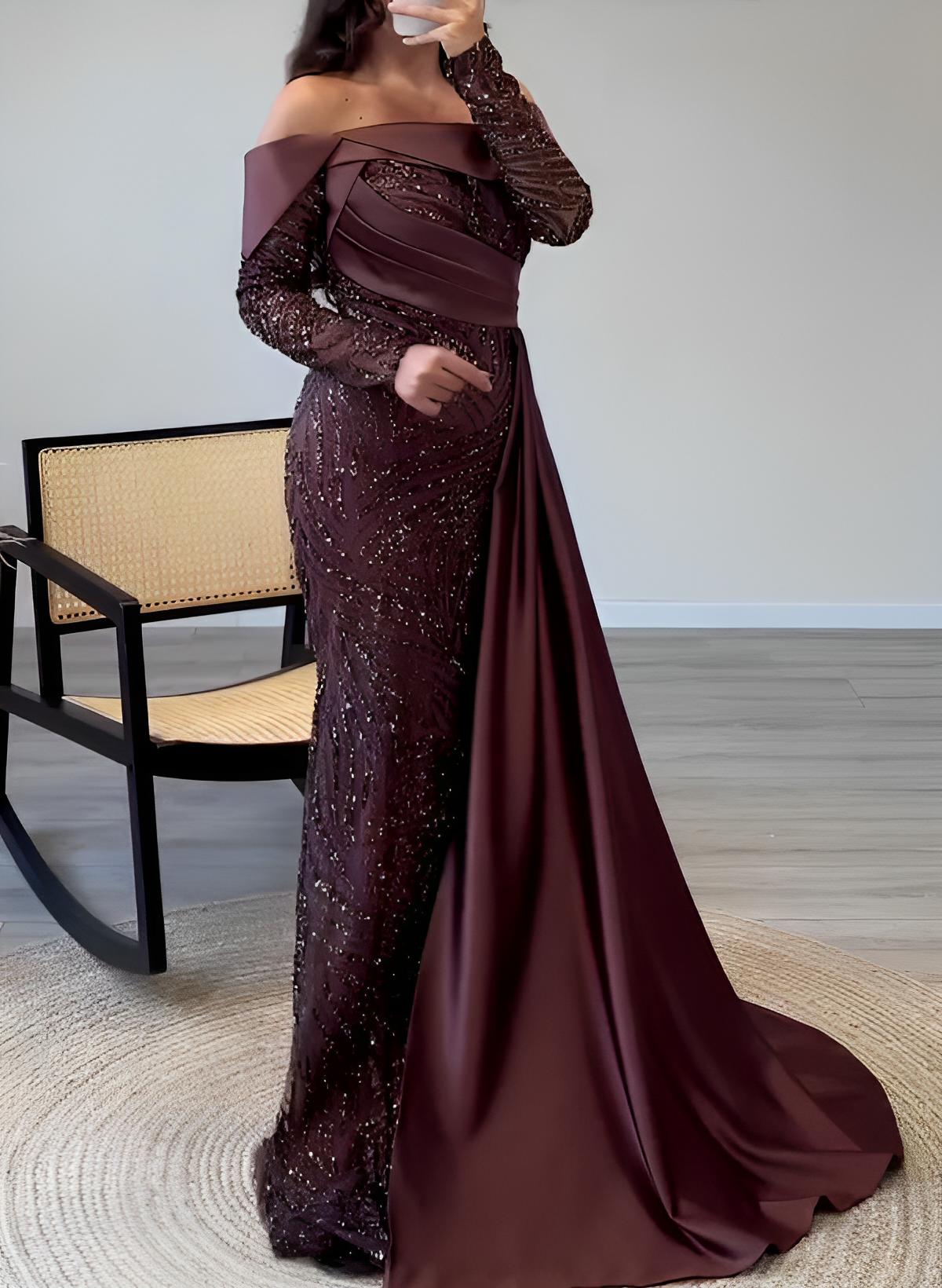 Off-The-Shoulder Long Sleeves Sweep Train Sequined Evening Dresses