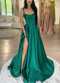 Simple A-Line Satin Green Evening Dresses