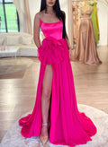 Hot Pink Strapless Satin Chiffon Prom Dresses With Flower