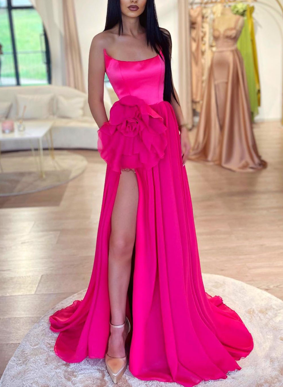 Hot Pink Strapless Satin Chiffon Prom Dresses With Flower