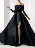Off-The-Shoulder Long Sleeves Lace/Satin Prom Dresses With Split Front