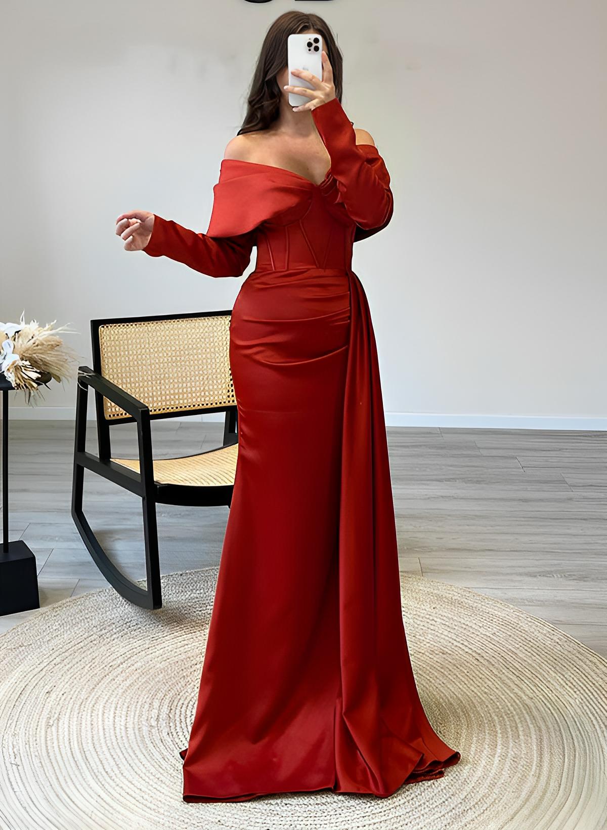 Sheath Off-The-Shoulder Long Sleeves Sweep Train Acetate Satin Evening Dresses