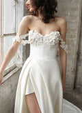 A-Line Off-The-Shoulder Elastic Satin Wedding Dresses With Split Front/Flower(s)