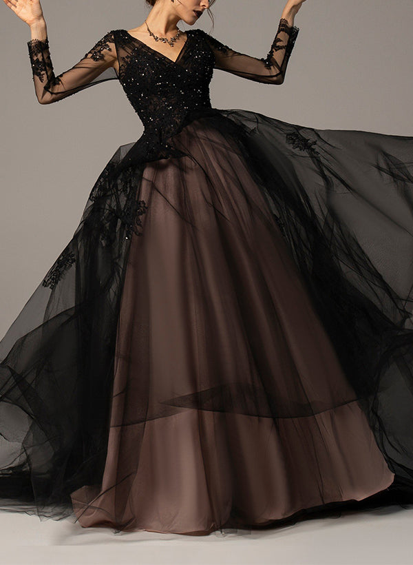 A-Line V-Neck Long Sleeves Sweep Train Lace/Tulle Black Wedding Dresses