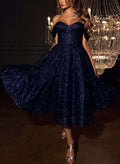 Off-The-Shoulder Sequined Tea-Length Evening Dresses