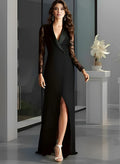 V-Neck Long Sleeves Sweep Train Elastic Satin Evening Dresses