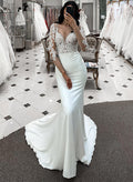 V-Neck Long Sleeves Sweep Train Lace/Satin Wedding Dresses
