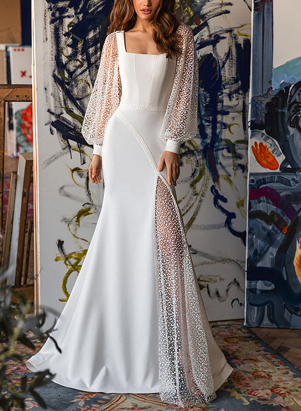 Square Neckline Long Sleeves Sweep Train Wedding Dresses