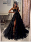A-Line Sleeveless Sweep Train Tulle Prom Dresses With Split Front