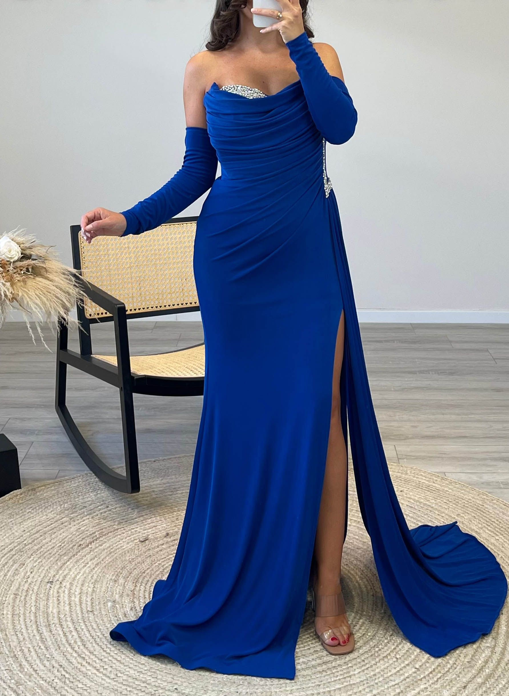 Strapless Beading Detachable Long Sleeves Prom Dresses