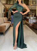 Sheath One-Shoulder Long Sleeves Sweep Train Charmeuse Evening Dresses With Split Front