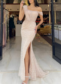 Sheath Sleeveless Sweep Train Sequined Evening Dresses With Split Front