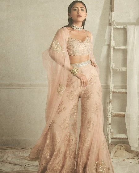 Pink Cape And Pant Set By KYNAH, Luxury Indian Fashion & Bridal Wear