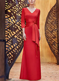 Sheath V-Neck 3/4 Sleeves Floor-Length Charmeuse Mother Of The Bride Dresses