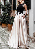 Elegant Lace Satin A-Line Evening Dresses With Pockets