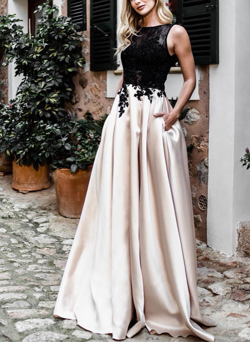 Elegant Lace Satin A-Line Evening Dresses With Pockets