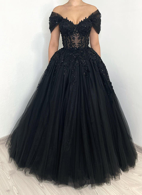 A-Line Off-The-Shoulder Short Sleeves Lace/Tulle Wedding Dresses