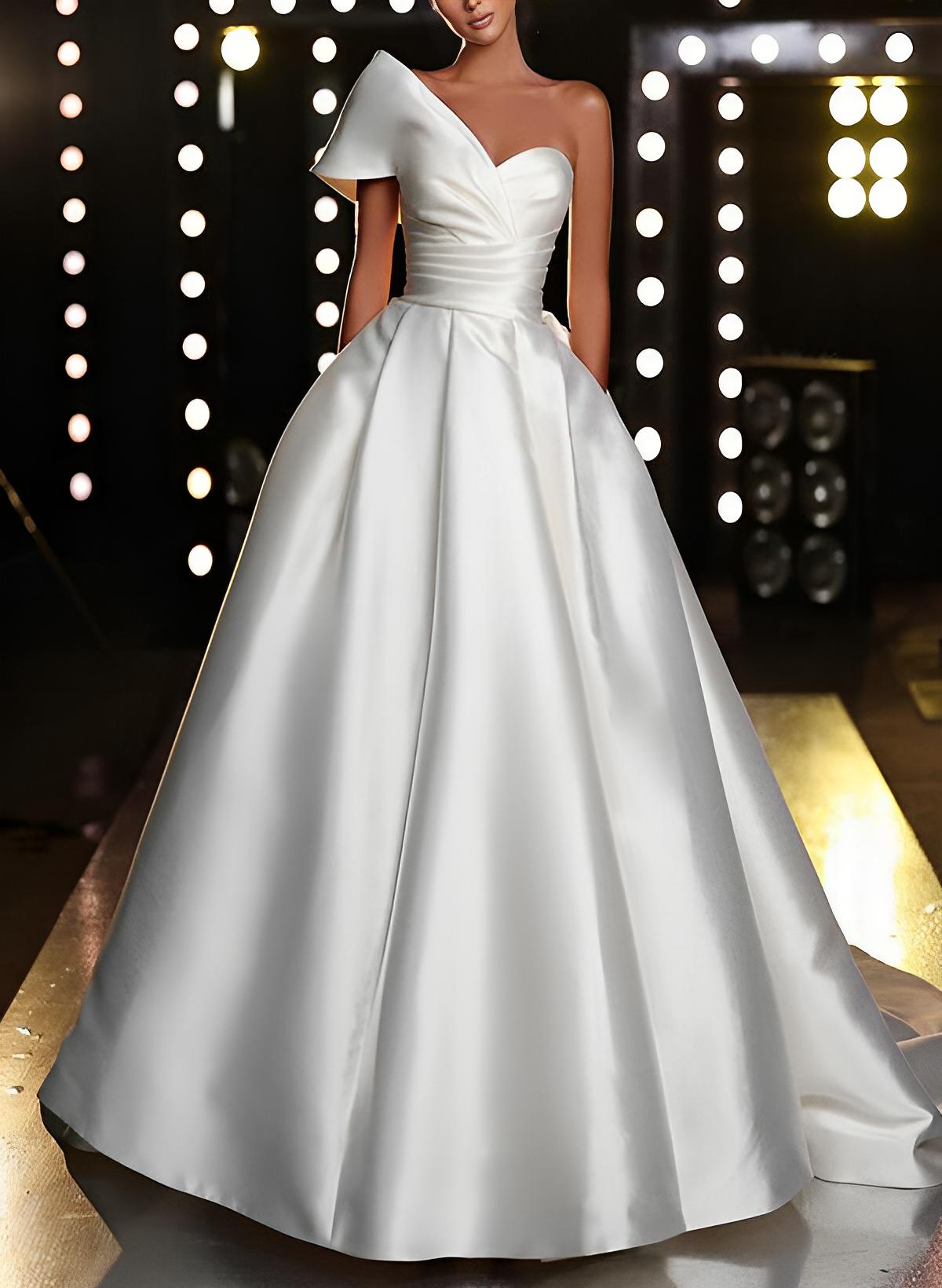 A-Line One-Shoulder Sleeveless Sweep Train Elastic Satin Wedding Dresses