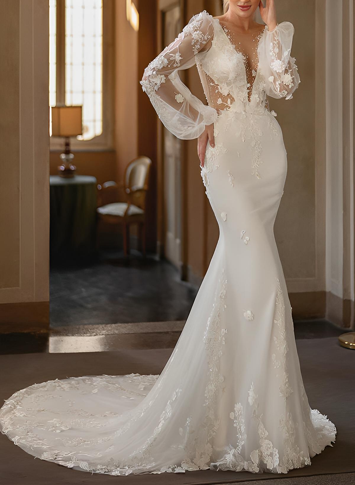Mermaid Illusion Neck Long Sleeves Court Train Elastic Satin Wedding Dresses