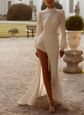 High Neck Long Sleeves Asymmetrical Silk Like Satin Wedding Dresses With Split Front