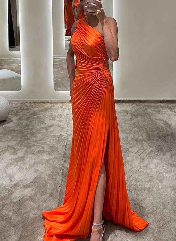 One-Shoulder Pleated Beading Evening Dresses