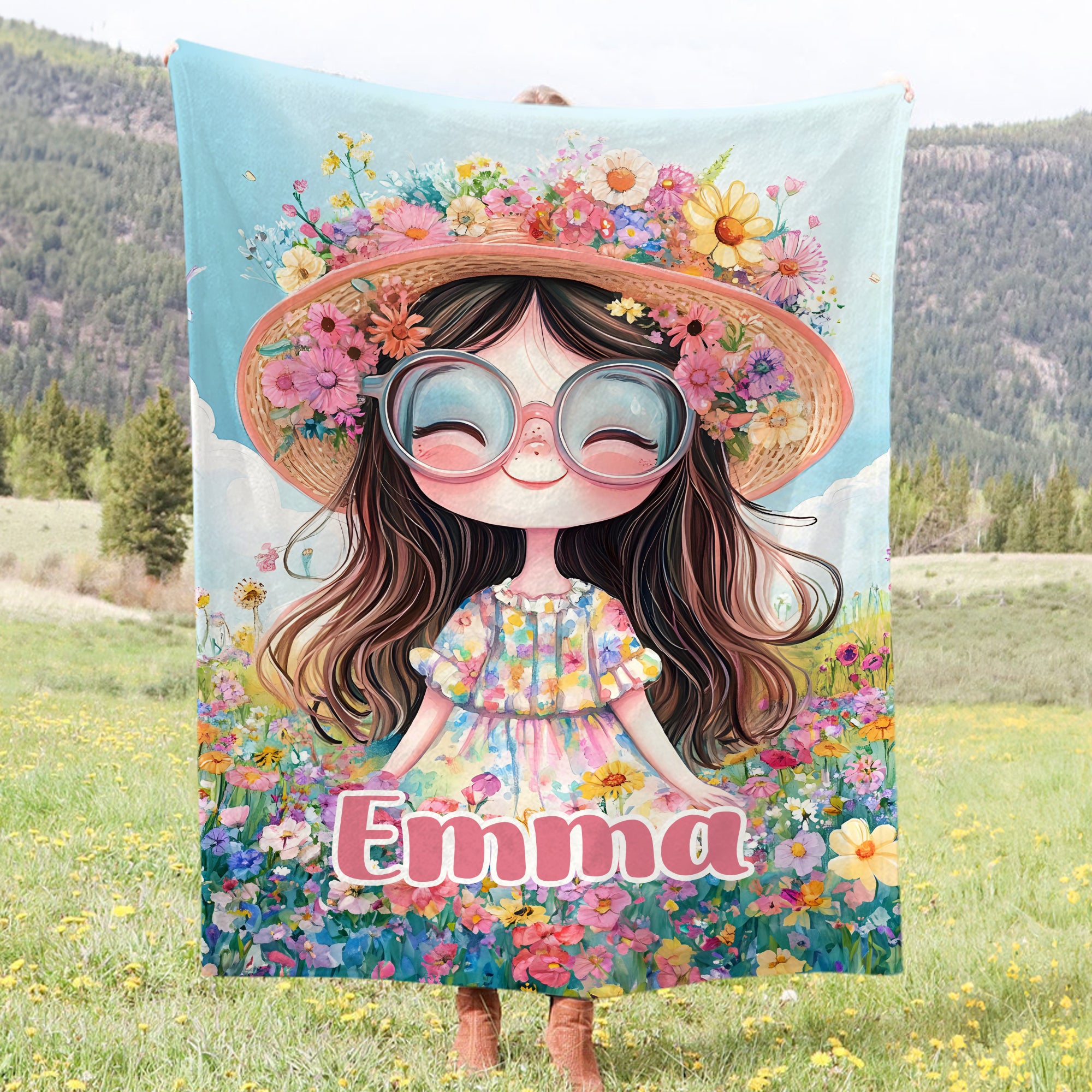 Manta suave personalizada con nombre de niña con flores de dibujos animados Decoración del hogar Uso diario Regalo de cumpleaños para niñas