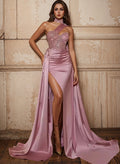 Sheath/Column Sweep Train Satin Prom Dress With Sequins