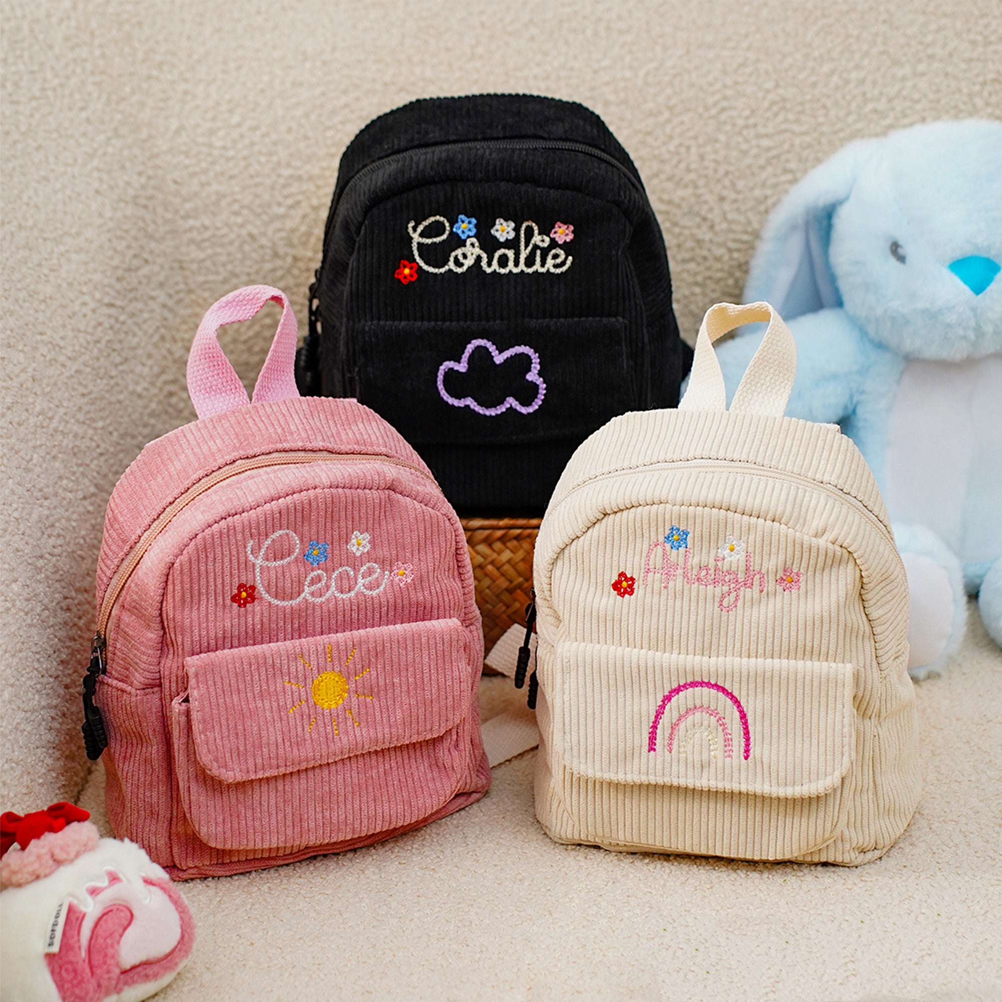 Mochila de pana bordada con flores multicolor personalizada con nombre y bolsillo frontal con hebilla magnética Regalo de cumpleaños de vuelta al cole para niños