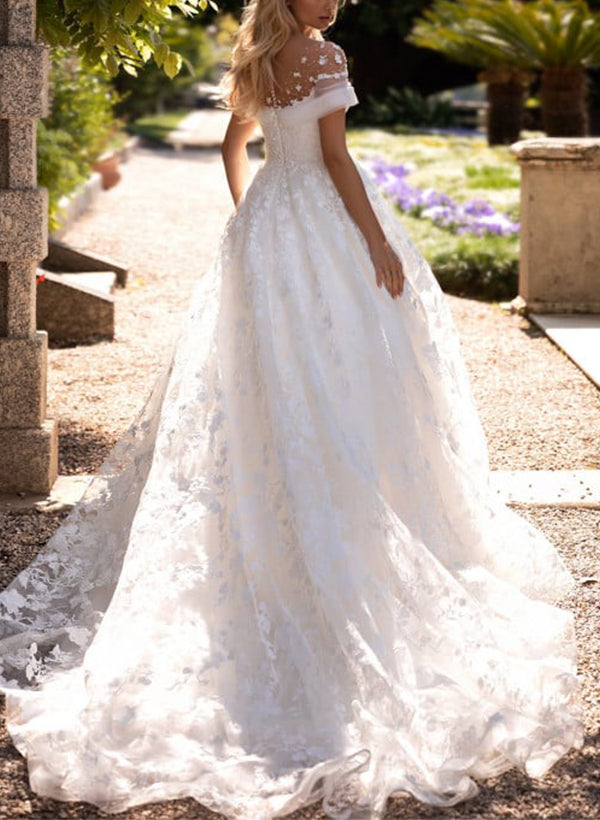 A-Line Illusion Neck Short Sleeves Sweep Train Lace Wedding Dresses