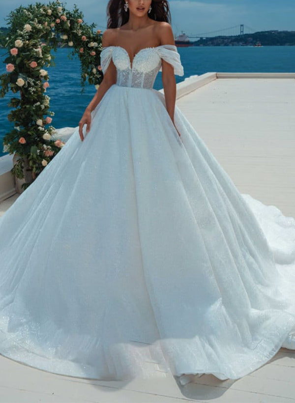 Ball-Gown Off-The-Shoulder Sleeveless Sweep Train Wedding Dresses
