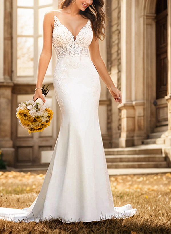 Mermaid V-Neck Sleeveless Court Train Elastic Satin Wedding Dresses With Appliques Lace