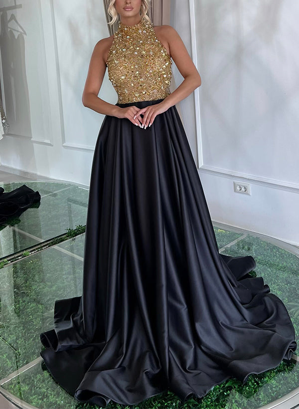 Sparkly Sequined A-Line Halter Evening Dresses