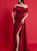 Off-The-Shoulder Sleeveless Sequined Evening Dresses With Split Front