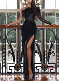 Column One-Shoulder Long Sleeves Sequined Prom Dresses With Split Front