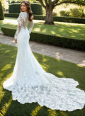 Luxury Lace Semi Sheer LIlusion Sleeves And Back Mermaid Wedding Dresses With Lace Cathedral Train