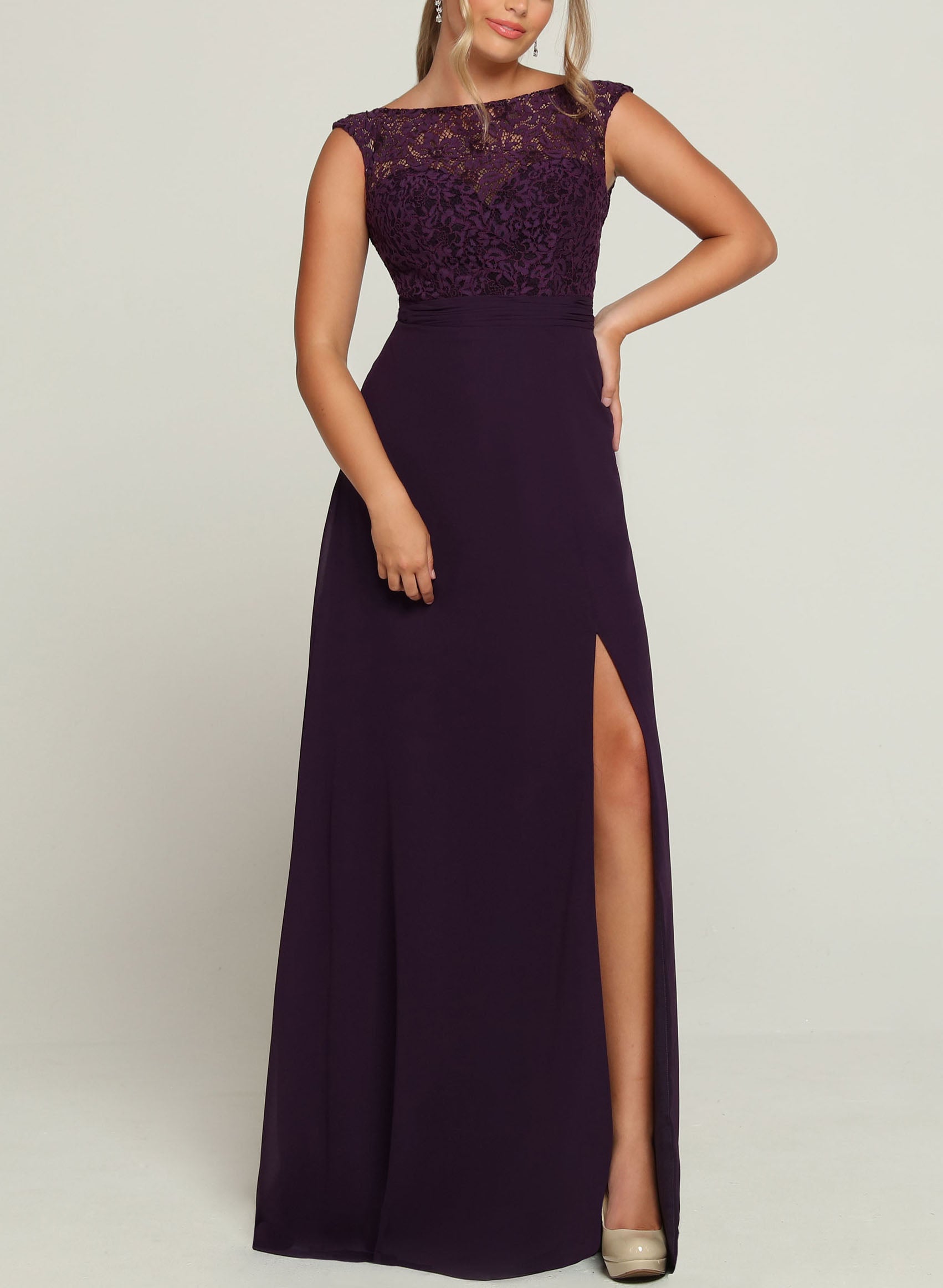 Lace Chiffon A-Line Split Front Bridesmaid Dresses