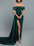 Off-The-Shoulder Sleeveless Sweep Train Satin Prom Dresses With Split Front