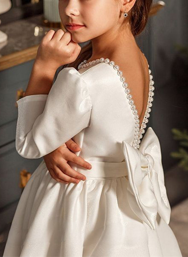 A-Line Scoop Neck 3/4 Sleeves Sweep Train Satin Flower Girl Dresses With Bow(s)