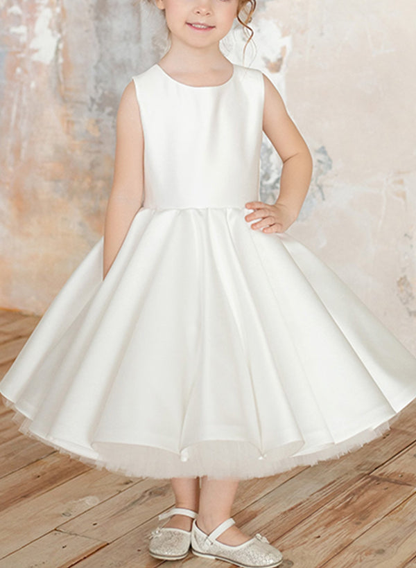 Ball-Gown Scoop Neck Sleeveless Satin Flower Girl Dresses With Bow(s)/Back Hole