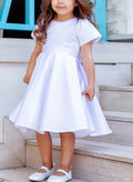 A-Line Scoop Neck Short Sleeves Tea-Length Satin Flower Girl Dresses With Bow(s)
