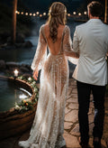 Beach Open Back V-Neck Long Sleeves Wedding Dresses