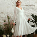 Bridal Wedding Dress Ivory Long Sleeve Short V-Neck A-line Chiffon