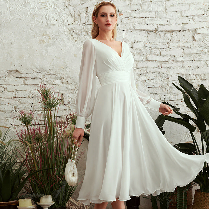 Bridal Wedding Dress Ivory Long Sleeve Short V-Neck A-line Chiffon