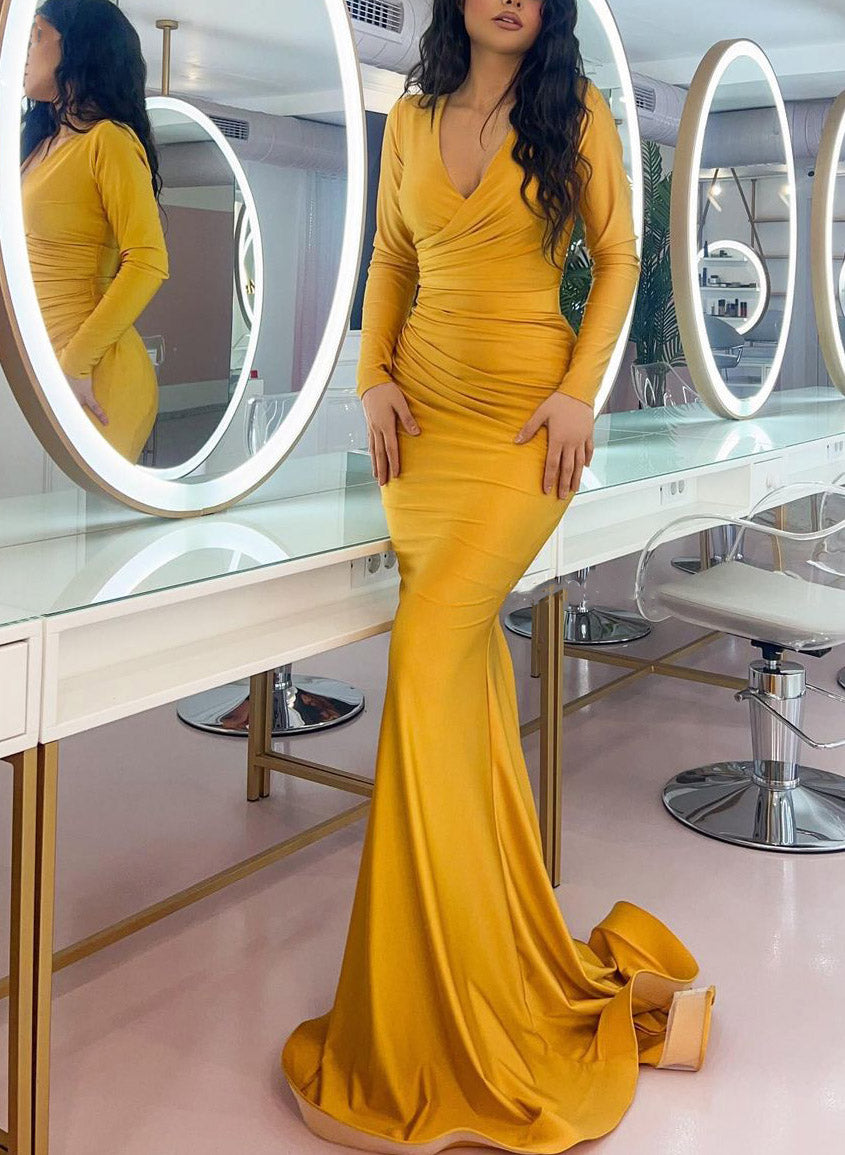 V-Neck Long Sleeves Trumpet/Mermaid Simple Evening Dresses