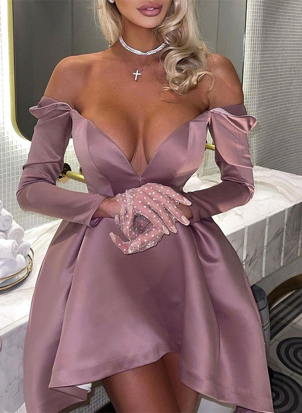 A-Line Off-The-Shoulder Long Sleeves Short/Mini Satin Cocktail Dresses