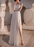 A-Line Scoop Neck Long Sleeves Sweep Train Wedding Dresses With Split Front
