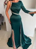 Sheath/Column Asymmetrical Satin Prom Dresses With Split Front