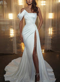 One-Shoulder Sleeveless Sweep Train Wedding Dresses With Split Front