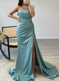 Sheath/Column One-Shoulder Sleeveless Satin Prom Dresses With Split Front