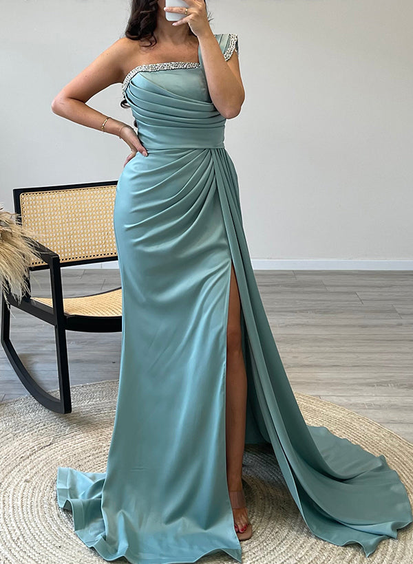 Sheath/Column One-Shoulder Sleeveless Satin Prom Dresses With Split Front